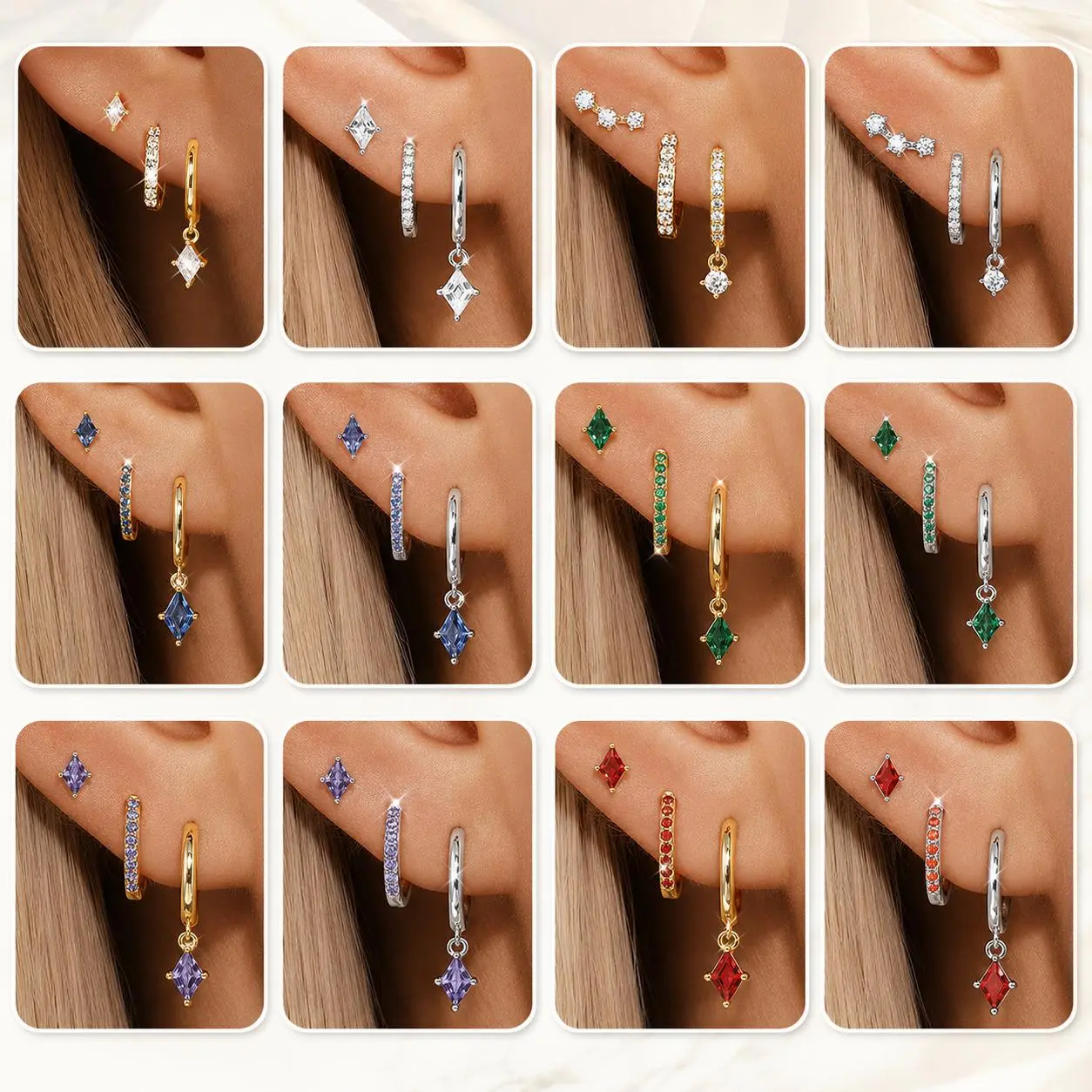 14K Gold Plated Ear Stud Earrings, 3Pcs Shiny Colorful Cubic Zirconia Hoop Earrings Gold/Silver CZ Huggie Hoops Stud Earrings Luxurious Stackable Trendy Hypoallergenic Dangle Huggie Hoops Earrings