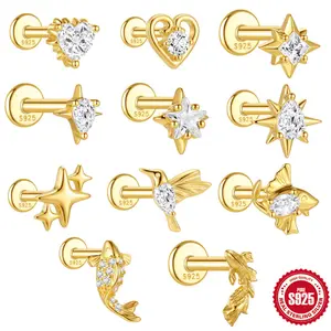 16G Koi Fish Heart Cartilage Earring – S925 Sterling Silver Love Piercing Stud with CZ, Flat Top Internally Threaded Tragus Helix Jewelry