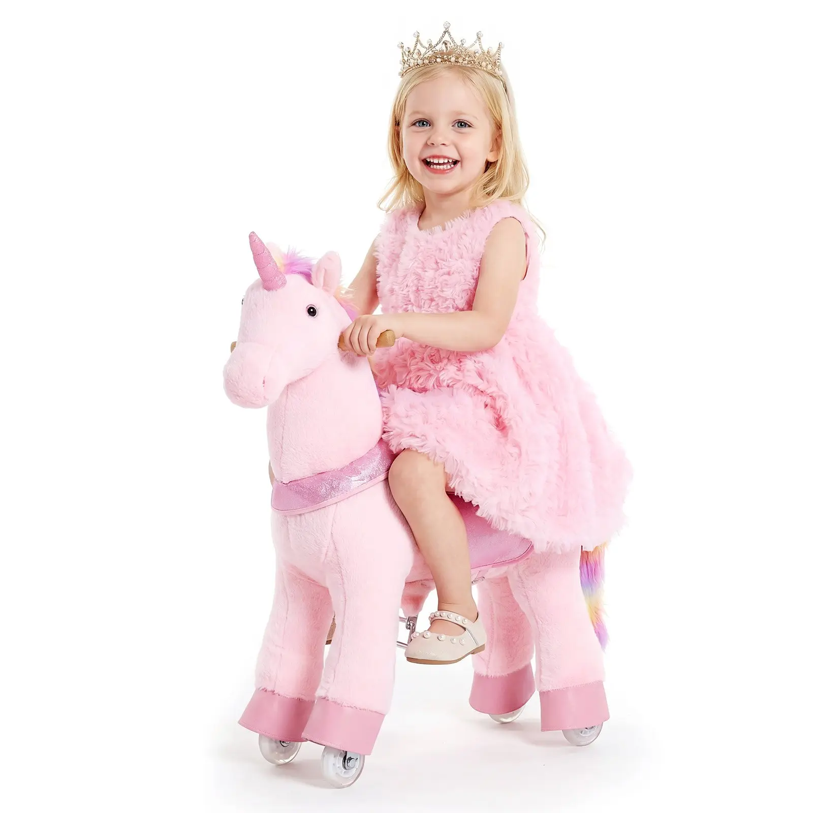 VEVOR No-Battery Ride-On Pink Unicorn Horse Toy for Kids (Ages 3-8), 110 lbs/10 - 50 Kg Max Load, 14 lbs Weight, Smooth Wheels with Anti-Roll Stop Ring, Upgraded Raised Seat, Handles, Pedals, for Birthdays & Children Development, Pu Wheels