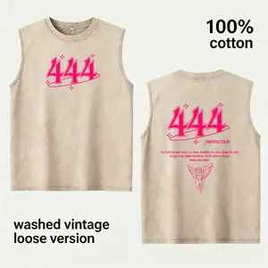 Vintage Washed Beige Cotton Sleeveless Tank Top Loose Double Sided Pink 444 Angel Number Protection Cherub Spiritual Print Retro Muscle Vest For Men Women