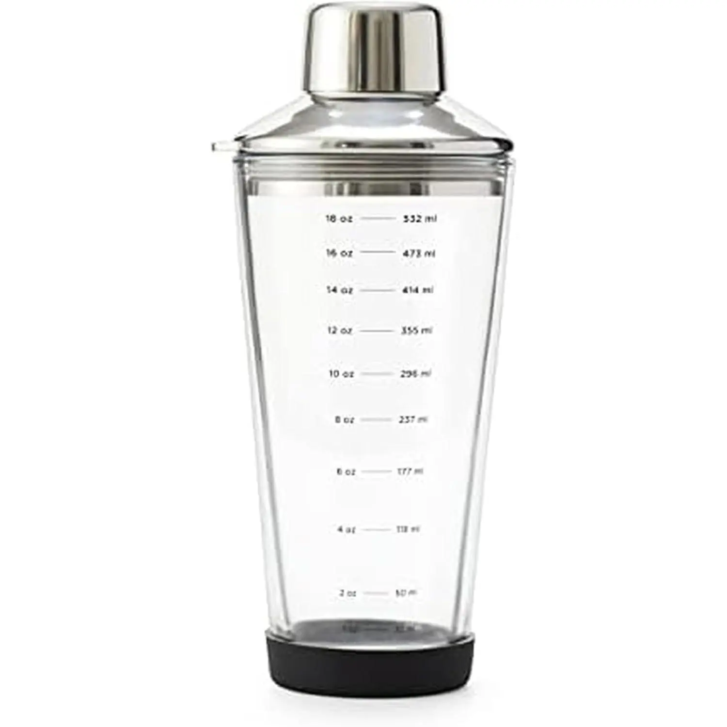18 oz Glass Cocktail Shaker with Printed Measurements, Multi-Use Stainless Steel Topper with 1.5 oz Jigger Cap and Strainer, 3.94 x 3.54 x 9.06 IN