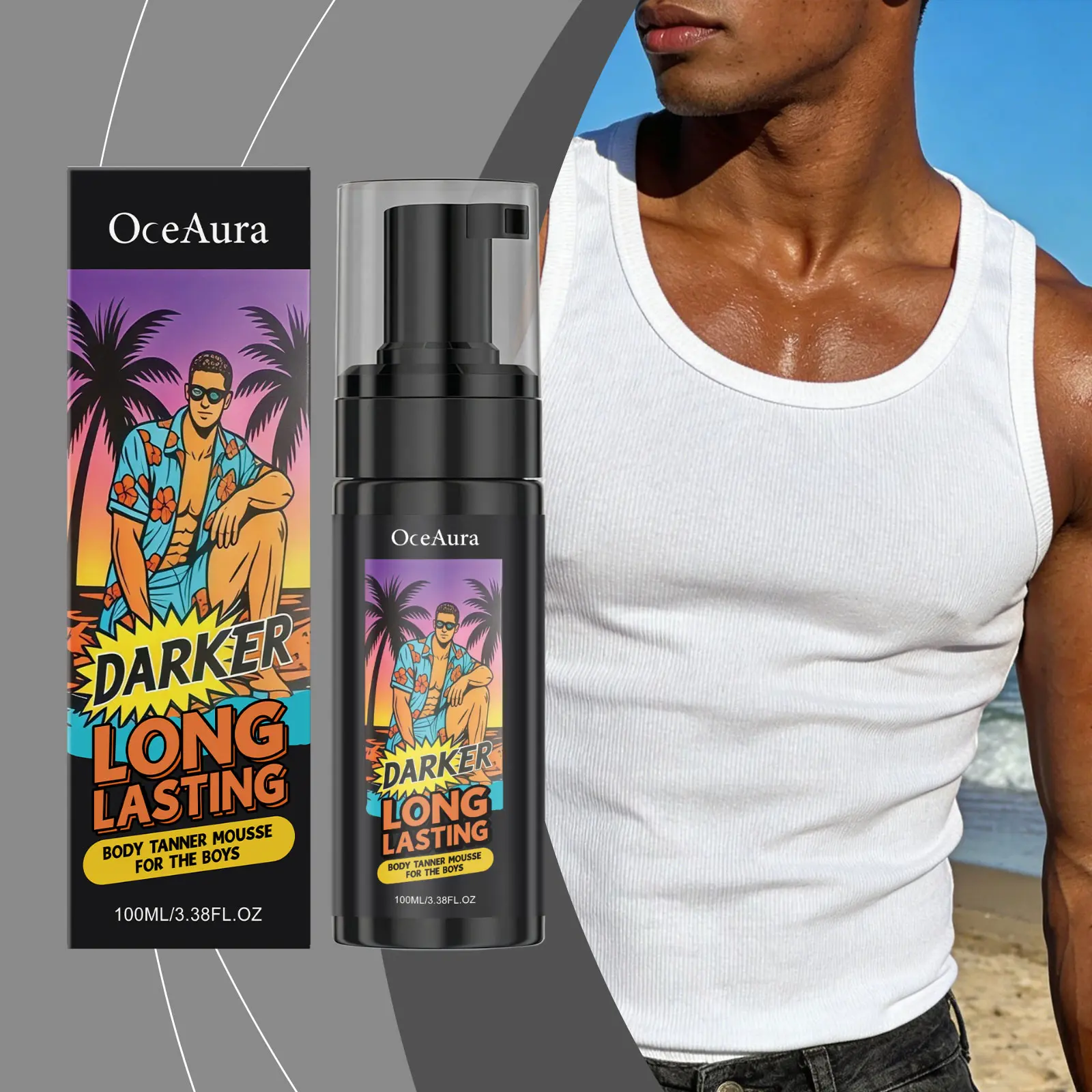 Men's Self-Tanning Mousse - 100ml Body Care Product, Natural Bronze Wheat Glowy Skin, Non-Sticky Fast Film-Forming, No Stain Clothes, Infused Glycerin & Propylene Glycol, Flawless Scent, Daily Use, Summer Vacation Gift, Even Tone