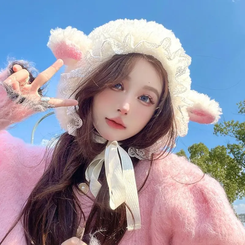 Lolita Lamb Fleece Hats Fluffy Costume Accessories Chrismas Warm Soft Lovely Lamb Beanies Bucket Hat Cute Little Sheep Ear Caps