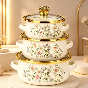 Enamelware 3-Piece Pot Set, Traditional Craftsmanship Soup Pots, Durable Enamel Cookware, Ideal for Home Cooking & Serving