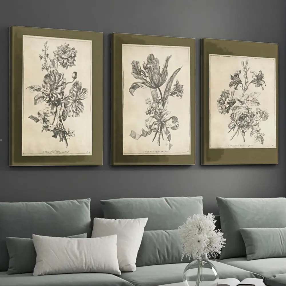 Vintage Botanical Print, Wall Art Canvas, Classic Flower Illustration, Olive Green Frame, Living Room Decor, Set Of 3