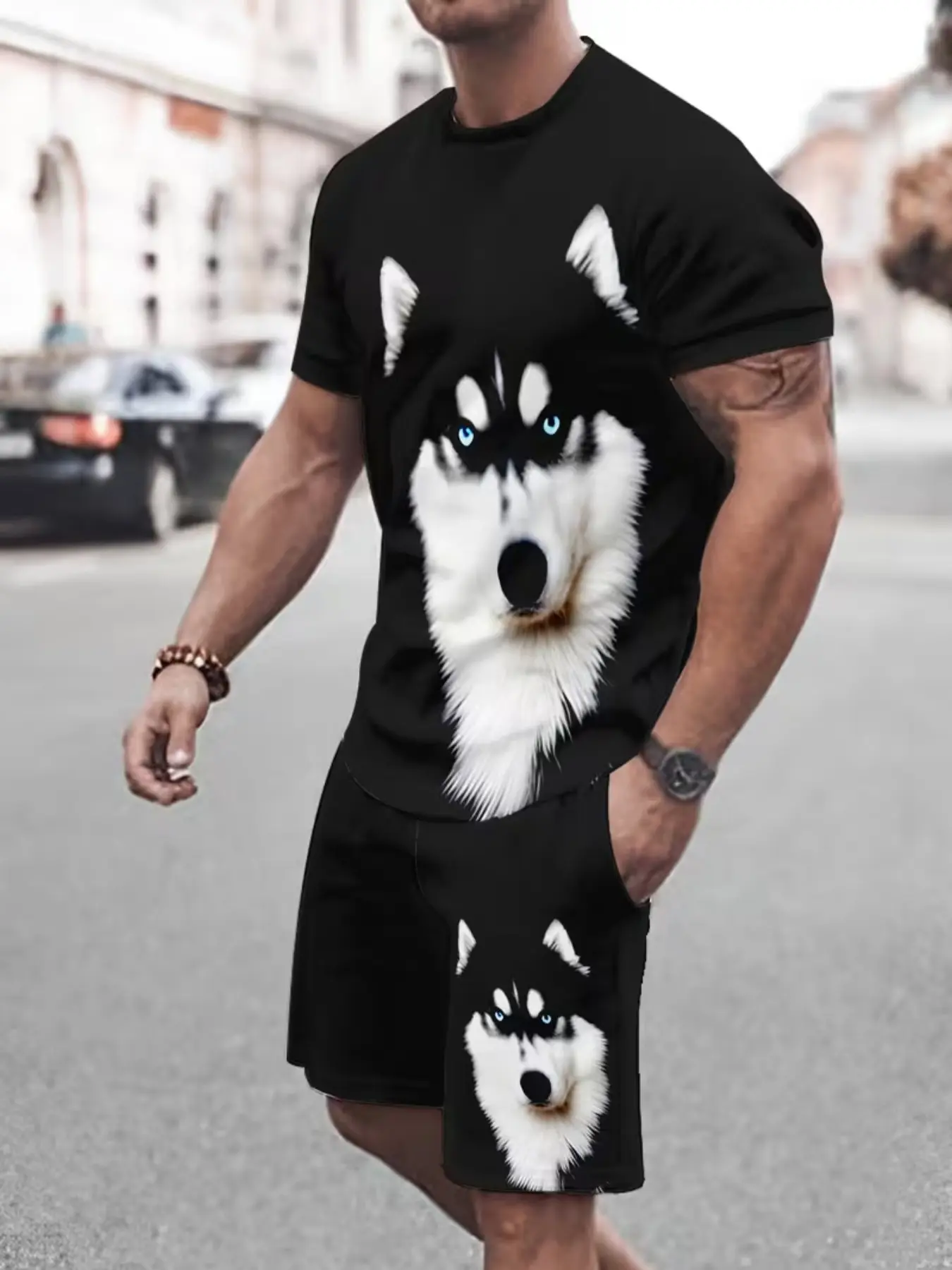 Men's Printed Short Sleeve Tee + Shorts Set, Casual Sporty, Breathable Outdoor Wear, Summer 3D Print, Father's Day Gift