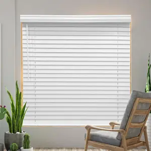 Cordless Faux Wood Blinds 28" W x 48" H, 2 Inch Slat Horizontal Windows Blinds with Crown Valance, Room Darkening White Blinds for Home Interiors