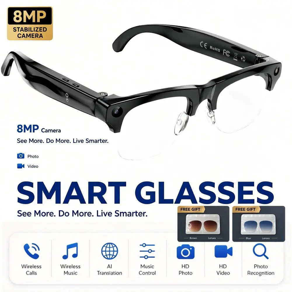 New 8MP HD Camera Smart Glasses,Capture Life in First-Person View , Anti-shake Video ,AI Voice Control & All-Day Battery 290Mah,  AI Real Time Translation,AI Voice Assistant ,AI Recognition, AI Glasses,Wireless Calling and Music Play