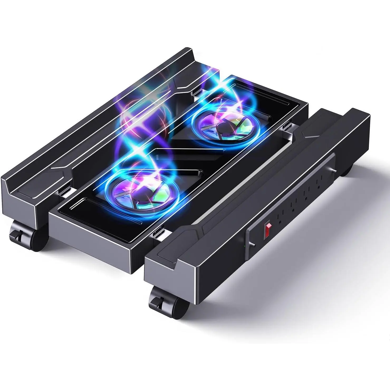 Computer Tower Stand with Fan, Charging Port, Light & 4 Caster Wheels, Adjustable Floor-Desktop PC Setup, Under Desk CPU Holder Fits Most PCs