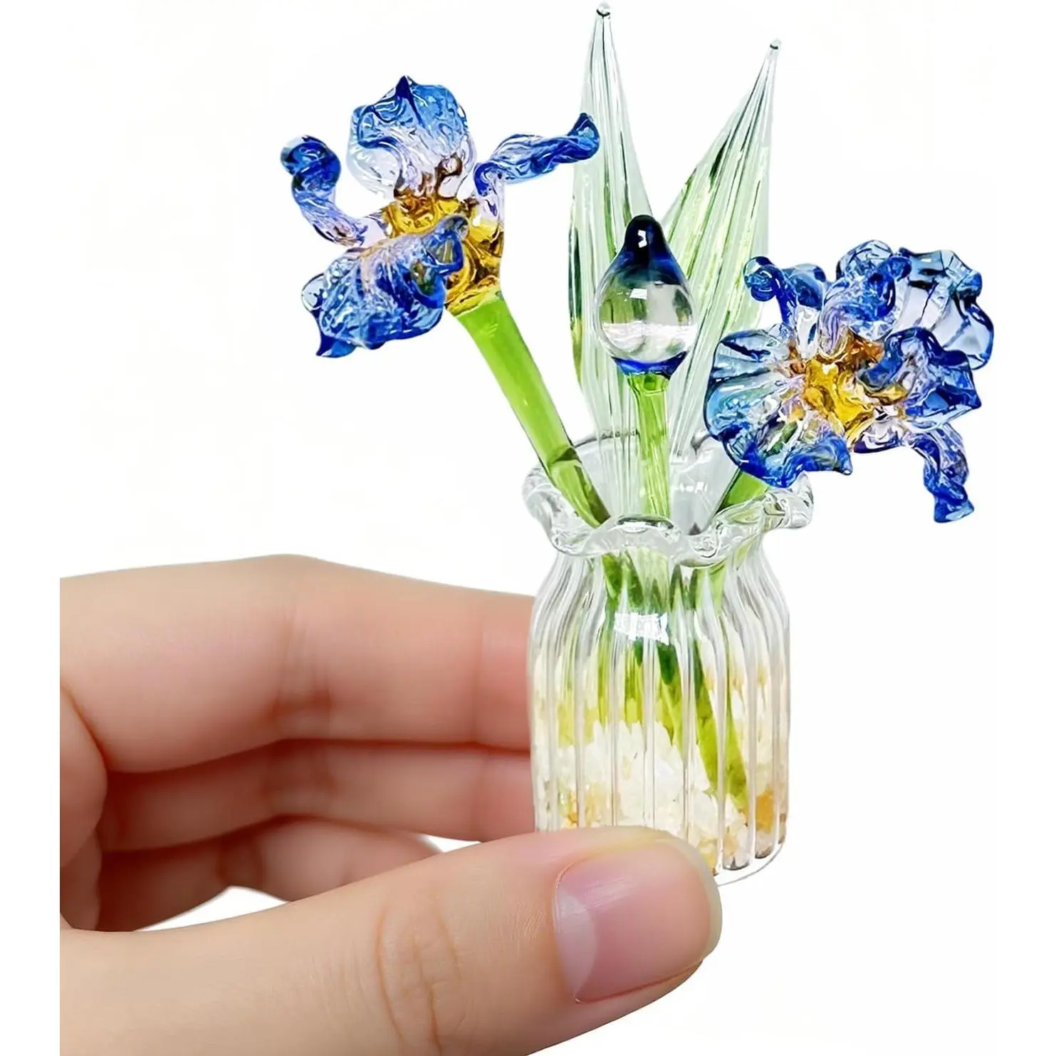 Crystal Miniature Glass Flower Decor - Handmade Month Glass Birth Flower Bouquet in Mini Vase for Women, Mom, Wedding Gift, Centerpiece, Office & Home Table Decor (Iris Flowers)