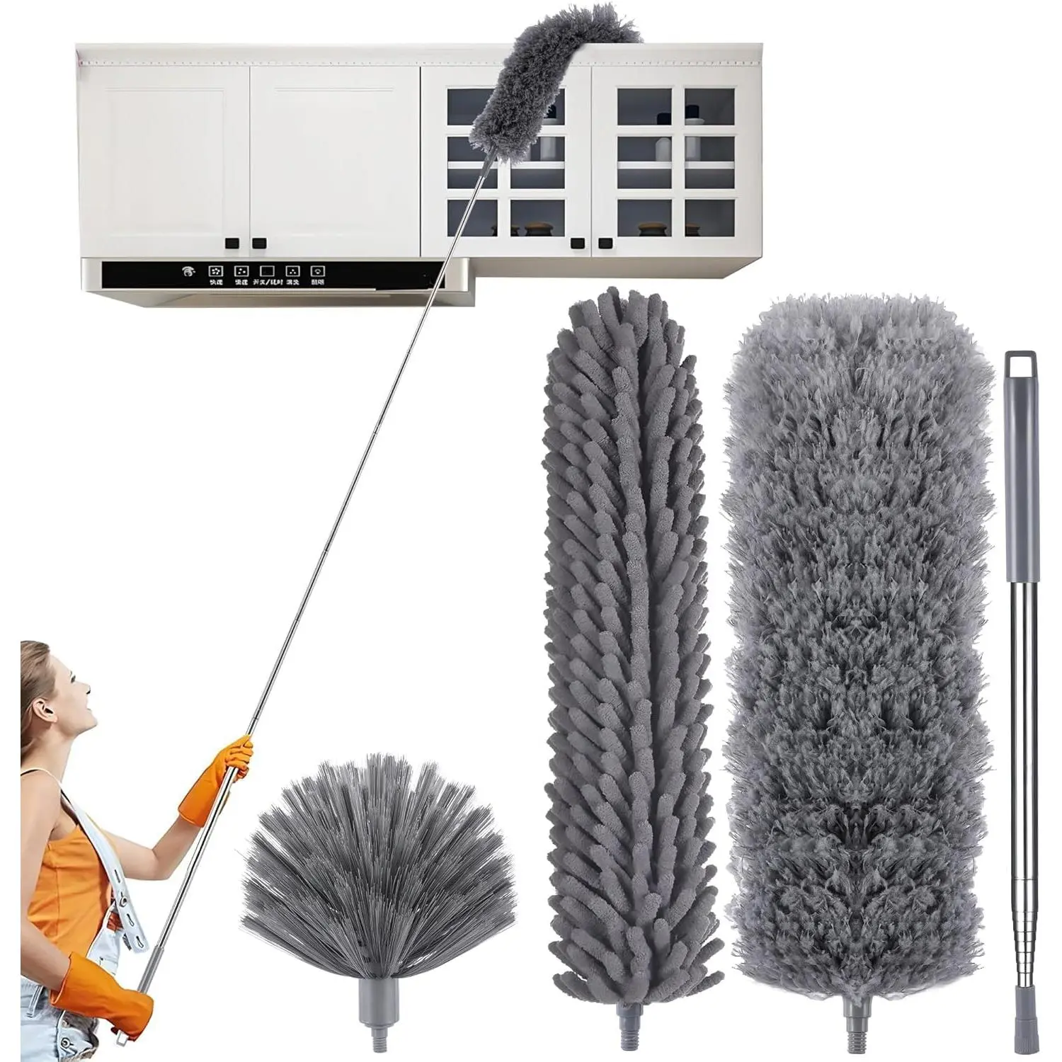 4 count Microfiber Cobweb Duster with 100-inch Extendable Pole, Washable and   Cleaning Duster Kit with 3 Duster Heads,Dusters for Cleaning with Telescopic Pole for High Ceiling Fan
