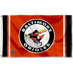 Baltimore Orioles Retro Style Flag with the Vintage Oriole Mascot Holding a Bat Inside a Circular Logo