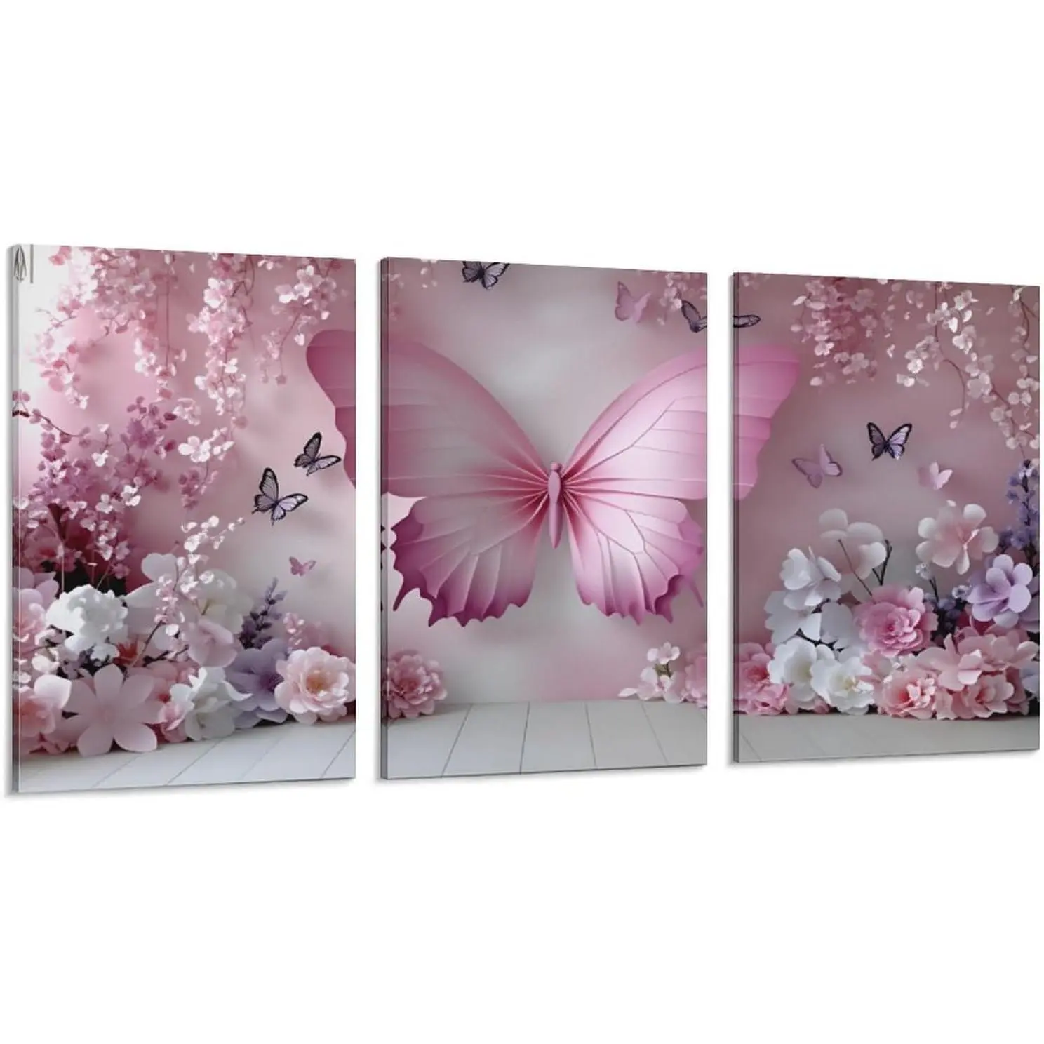 3-piece wooden 2D Flat Printing Pink Butterfly & Flower Canvas Wall Decor, Elegant Modern Nature Floral Mural Set for Living Room, Kid Room, Waterproof Home Decoration, Ideal Black Friday, Valentine's Day Gifts, Thanksgiving