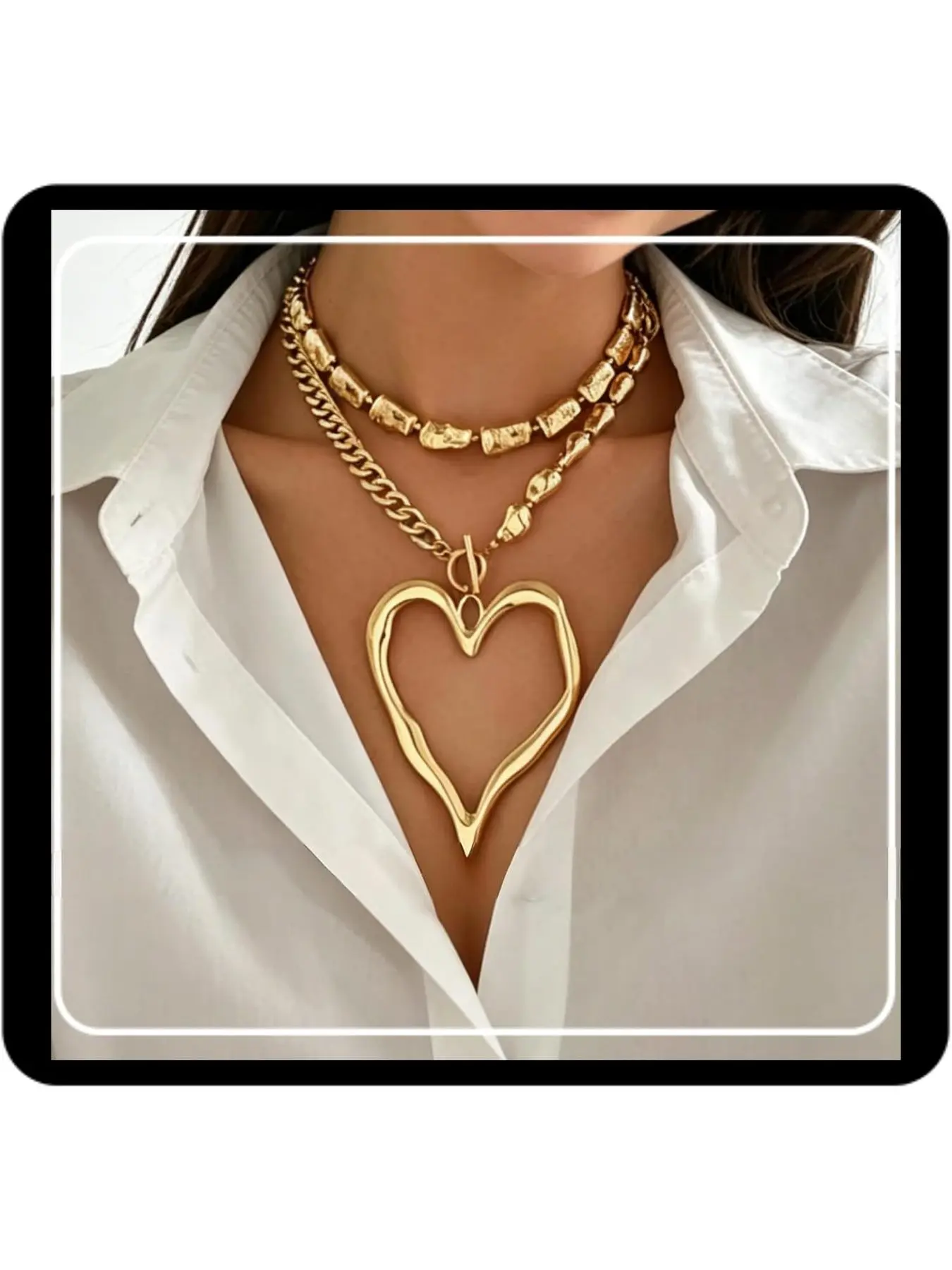 Layered Heart Pendant Necklace for Women, Gold-Tone Oversized Open Heart Charm, Cuban Chain and Beaded Chain Set