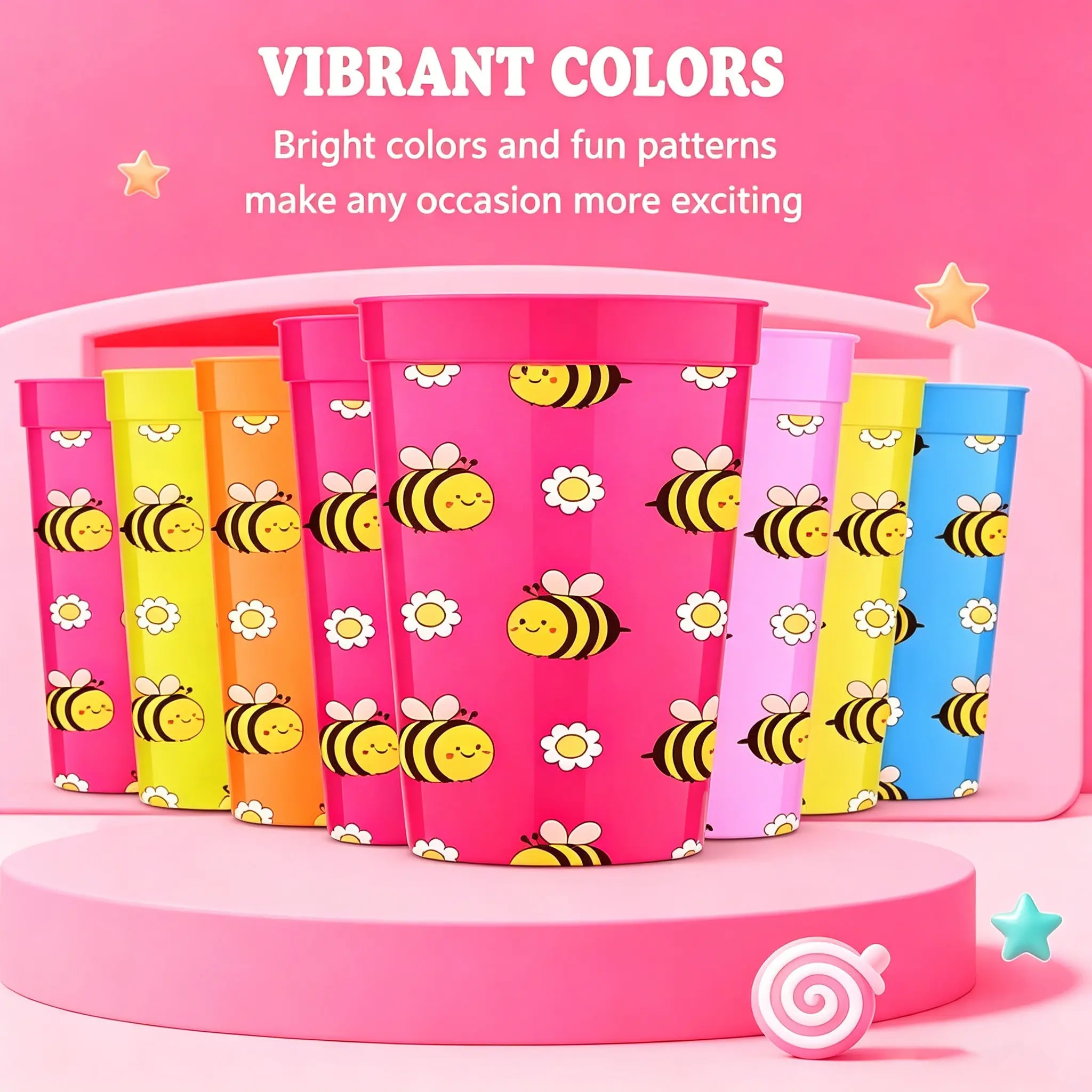 10pcs/12oz/350ml,Plastic Stadium Cup,Reusable Plastic Large Cups Drink Tumblers for Parties,Birthday Picnics Sports Event Wedding Party,Cute Bee And Small Flower Print, Festive Gift Option,Warm Gifts For Family And Friends