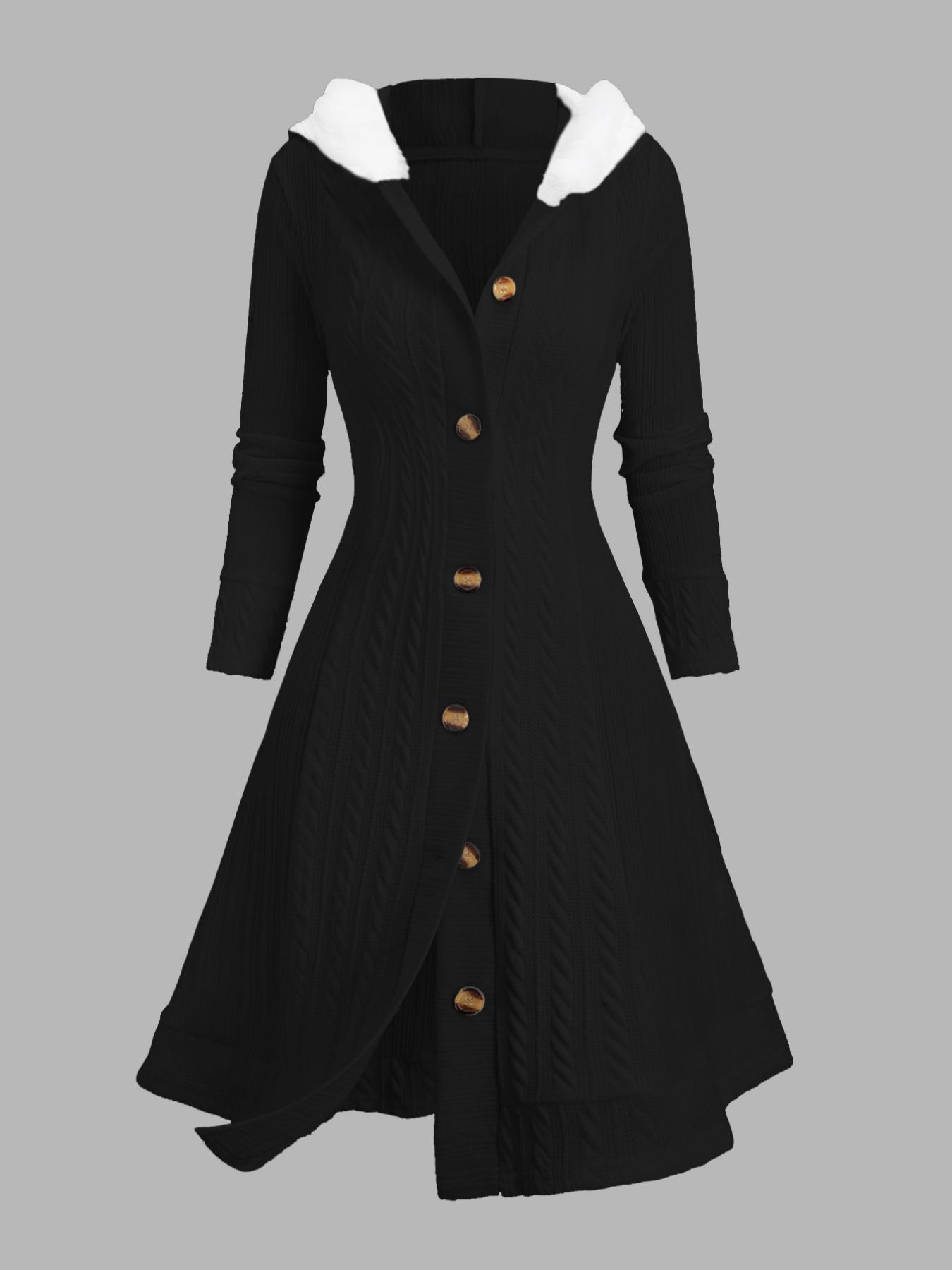 Women's Solid Color Fuzzy Trim Hooded Long Knitted Coat, Casual Long Sleeve Button Front Knitwear Outerwear for Fall & Winter, Ladies Clothes for Daily Wear