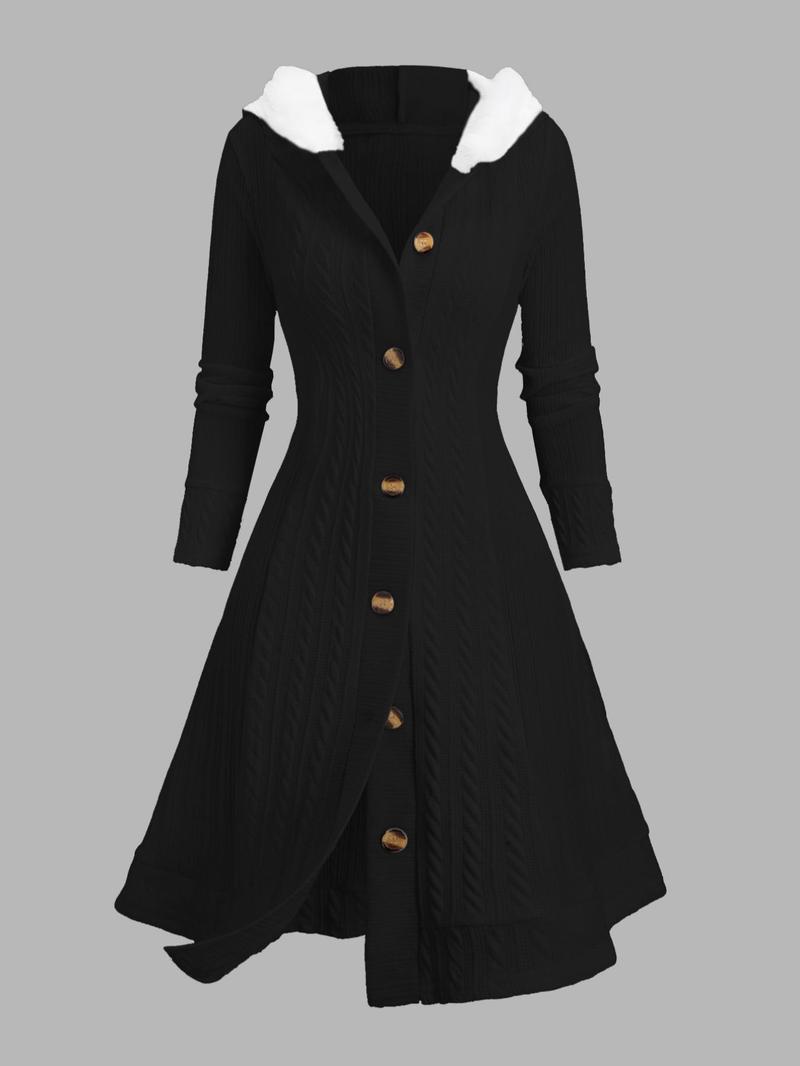 Women's Solid Color Fuzzy Trim Hooded Long Knitted Coat, Casual Long Sleeve Button Front Outerwear for Fall & Winter, Ladies Clothes for Daily Wear