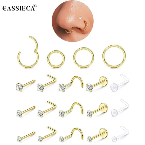 CASSIECA Geometric Nose Piercing Jewelry, 18G 20G Gold Filled 316L Surgical Stainless Steel, Hypoallergenic Rhinestone Studs & Hoops with L Shaped, Corkscrew, Straight, Push Back Designs Sohochic