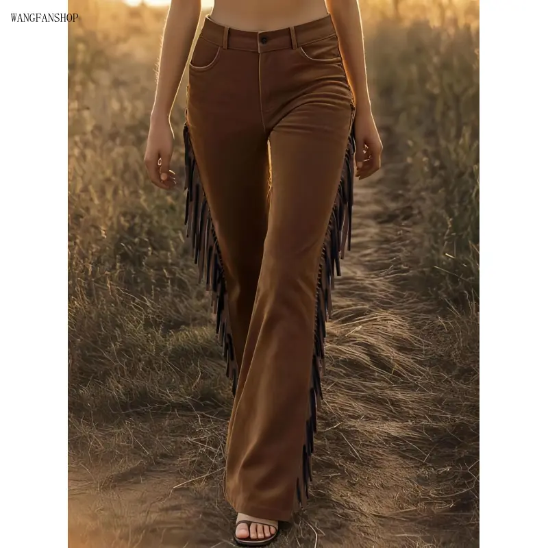 Women Western Festival Mineral Washed Flared Pants, Fringe Side Detail Cotton Elastic Bottoms, Soft Breathable Casual Trousers for Concert Camping Street Vacation Outfits,Leather,Skull,Print,Trifold,Wallet,cosplay,accessory,