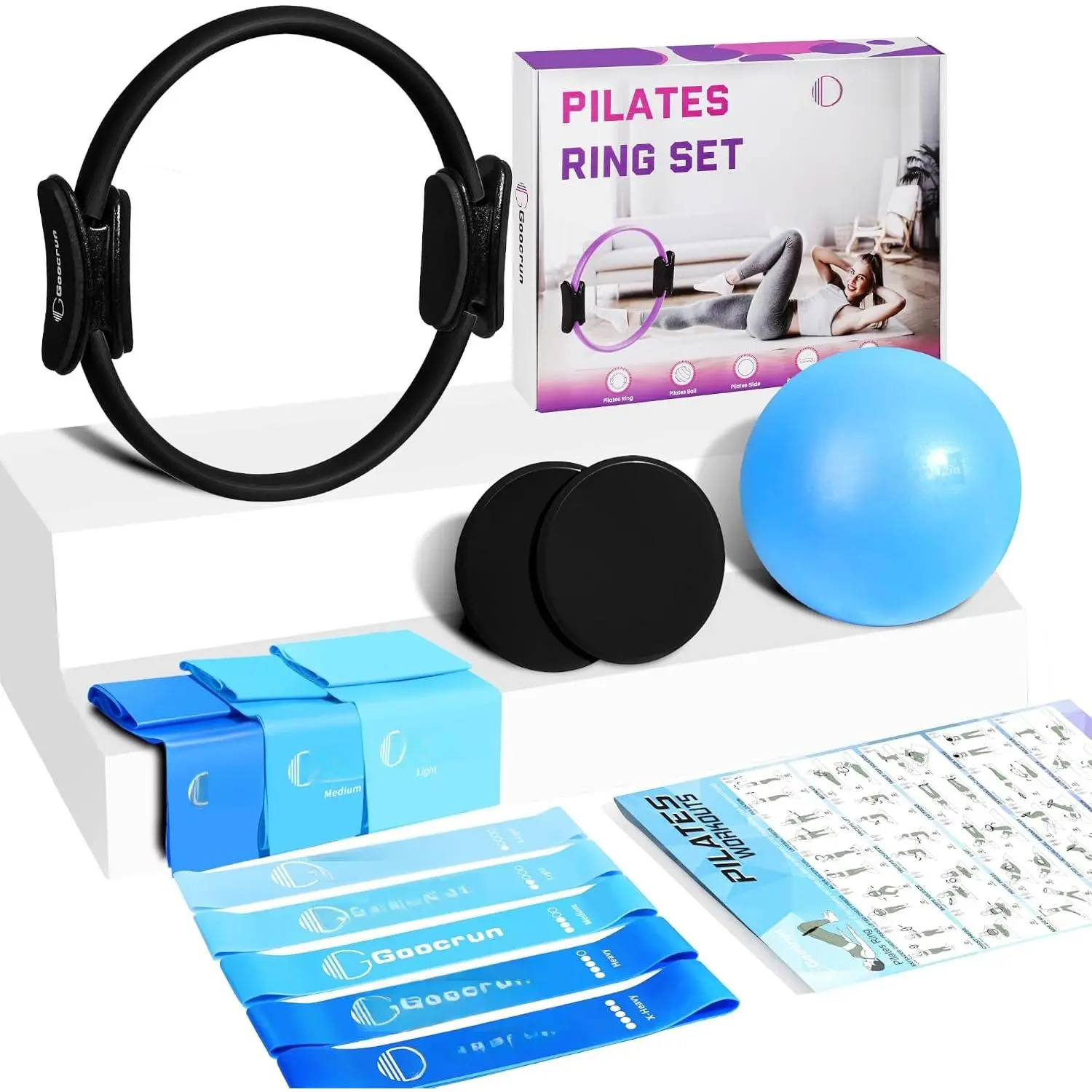 Pilates Ring Set Exercise Equipment, with Exercise Resistance Bands Set, Pilates Ball, Sliding Disks. Portable  Gym - with Fitness Guide Poster