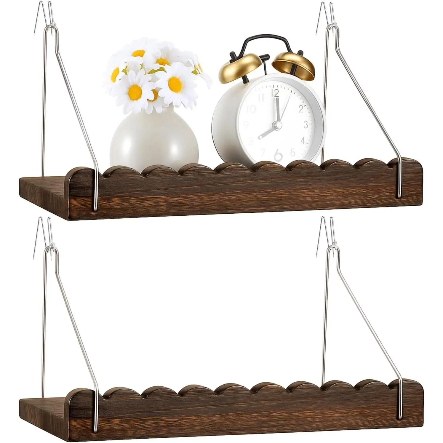 Women's 2-Pack Hanging Fabric Wall Cubicle Shelves, 11.8" Wooden Scalloped Organizer with Hooks, Office Desk Bedroom Decor Accessories (Dark Brown)