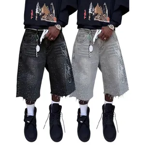 Vintage Distressed Denim Seven-Quarter Jeans, Galaxy Letter Rhinestone Embroidery Casual Pants, American Street Style Loose Fit Cropped Jeans for All Seasons