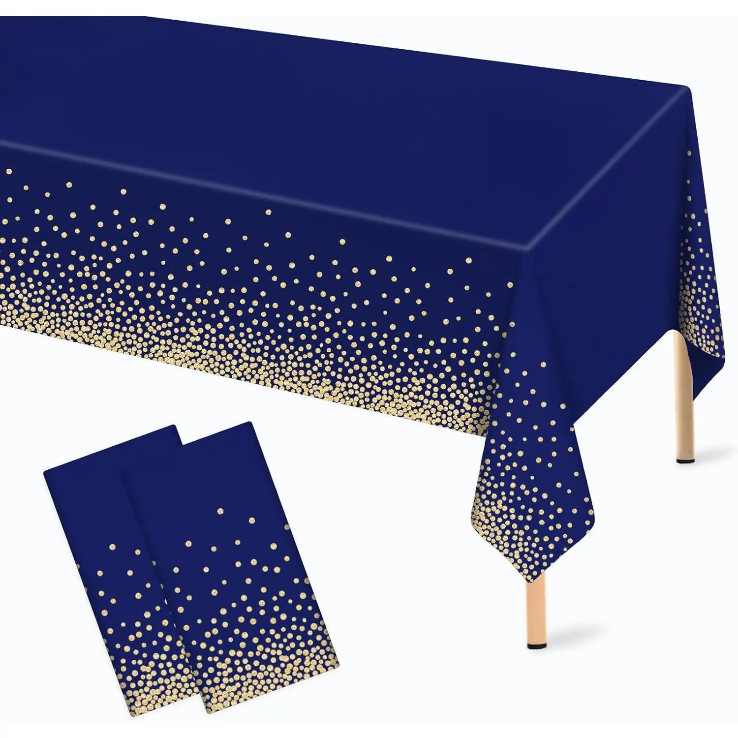 2 Pcs Navy Blue Gold Dot Plastic Disposable Tablecloth 54×108 Inch for Rectangle Table, Dark Blue Party Table Covers for Wedding Anniversary Graduation Fine Dining Decoration