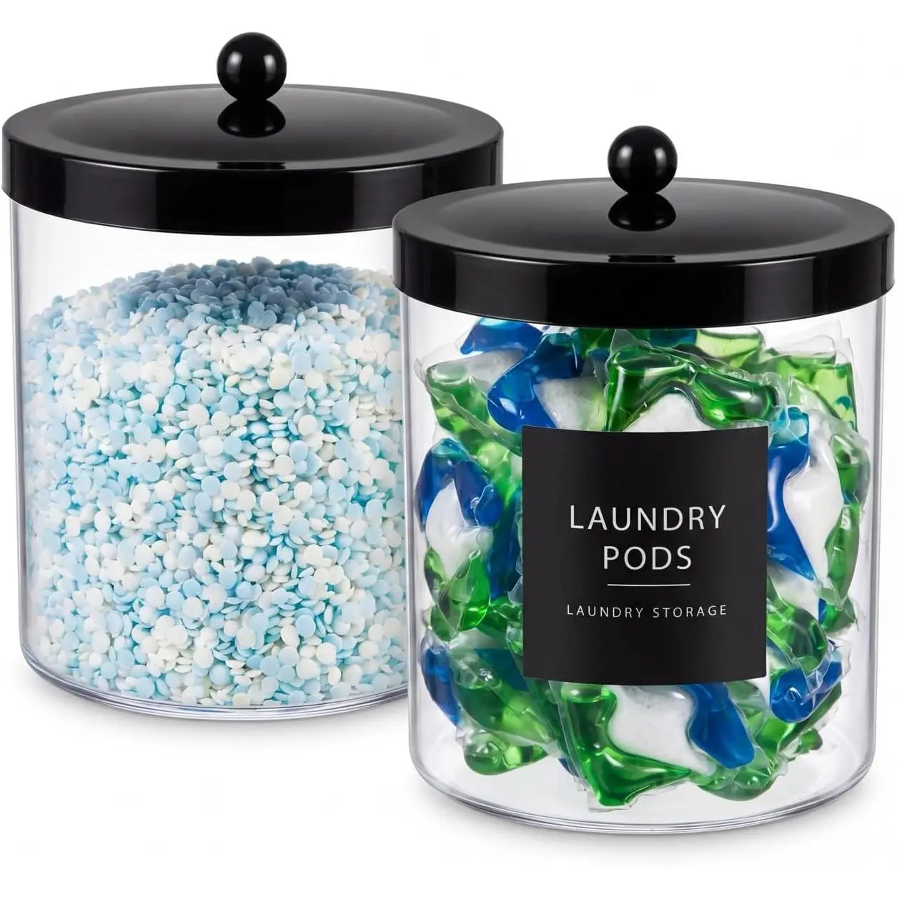 2-Pack Acrylic Jar with Black Stainless Steel Lid Set (78oz&50oz)-Large Clear Apothecary Jars with Measuring Spoons & Labels for Laundry Room, Kitchen Pantry, Bathroom Storage