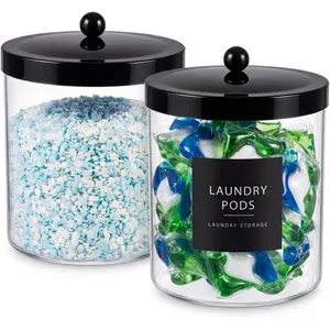 2-Pack Acrylic Jar with Black Stainless Steel Lid Set (78oz&50oz)-Large Clear Apothecary Jars with Measuring Spoons & Labels for Laundry Room, Kitchen Pantry, Bathroom Storage