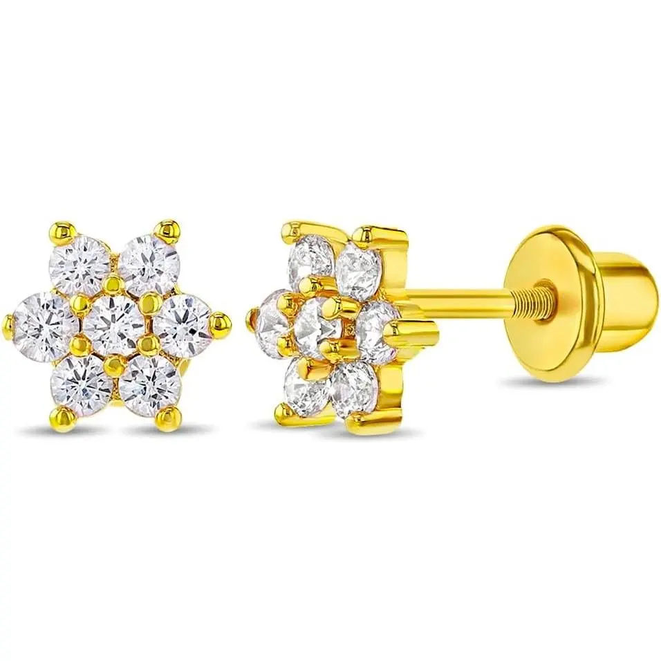 Gold Plated CZ Flower Kids Earrings - Earrings for Girls with Safety Screw Back Locking - Safe & Comfortable for Toddlers, Kids & Little Girls