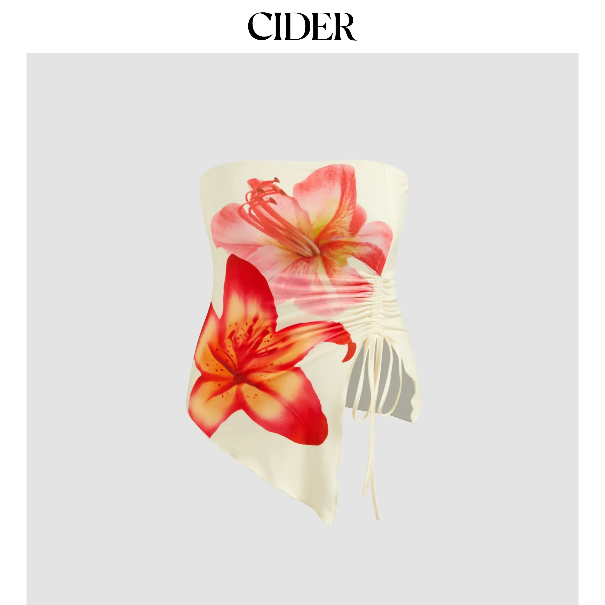 Floral Graphic Bandeau Top, Drawstring, Asymmetric Hem, Tube Style, Curvy and Plus Size Fit SummerWins SummerFinds