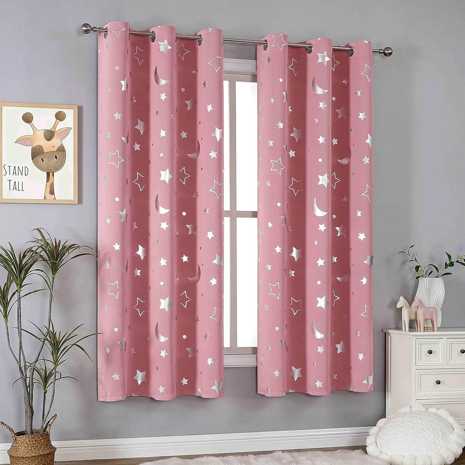 2-Pack Silver Color Star Moon Pattern Curtains, Semi Sheer Curtain, Semi-Transparent Window Treatments for Bedroom and Living Room, Ring Top Home Decor, Home Decoration Curtain