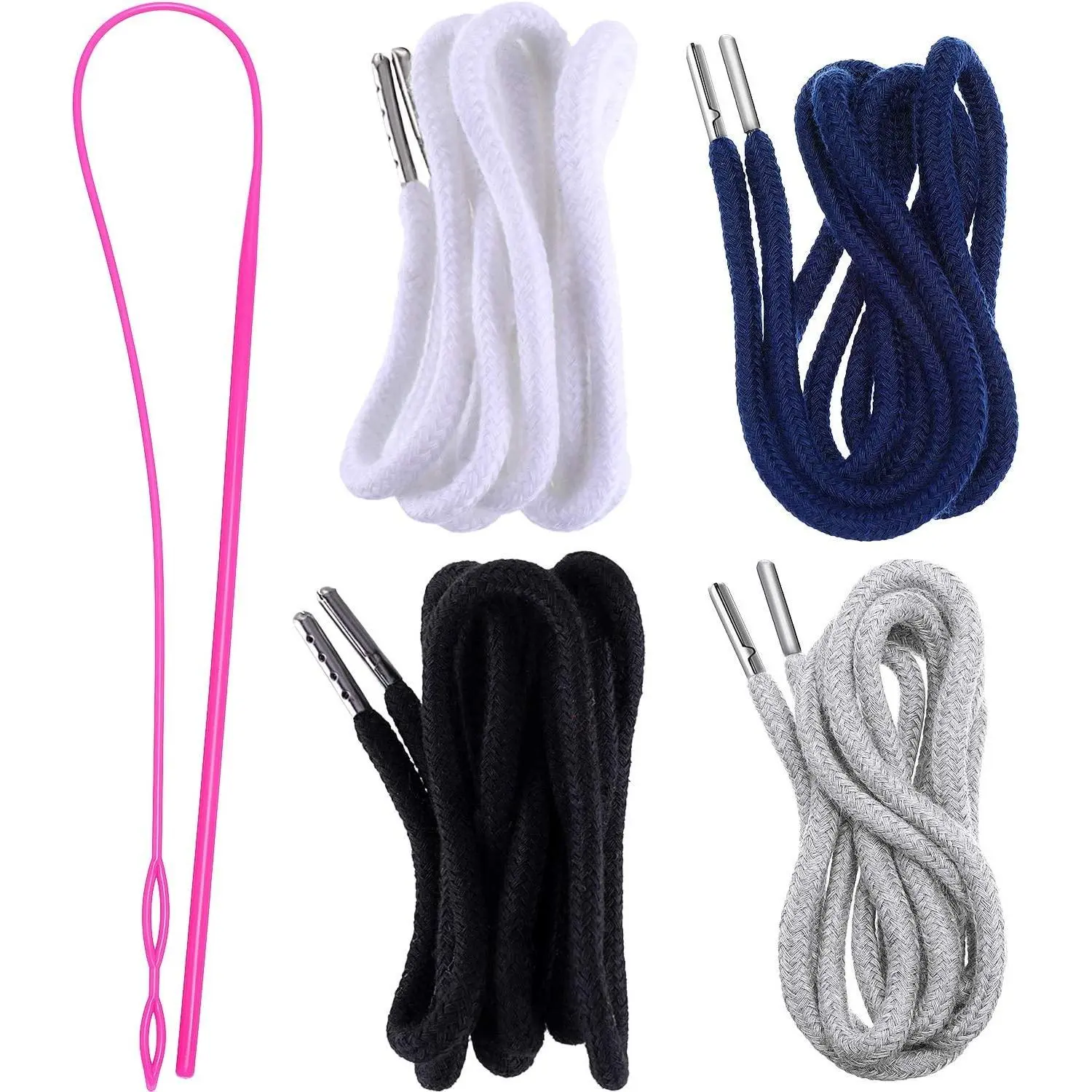 Round Braided Drawstring Cord Set with Pre-Tipped Aglets & Easy Threader, Replacement for Sweatpants, Shorts, Jackets (Black, White, Grey, Navy Blue)