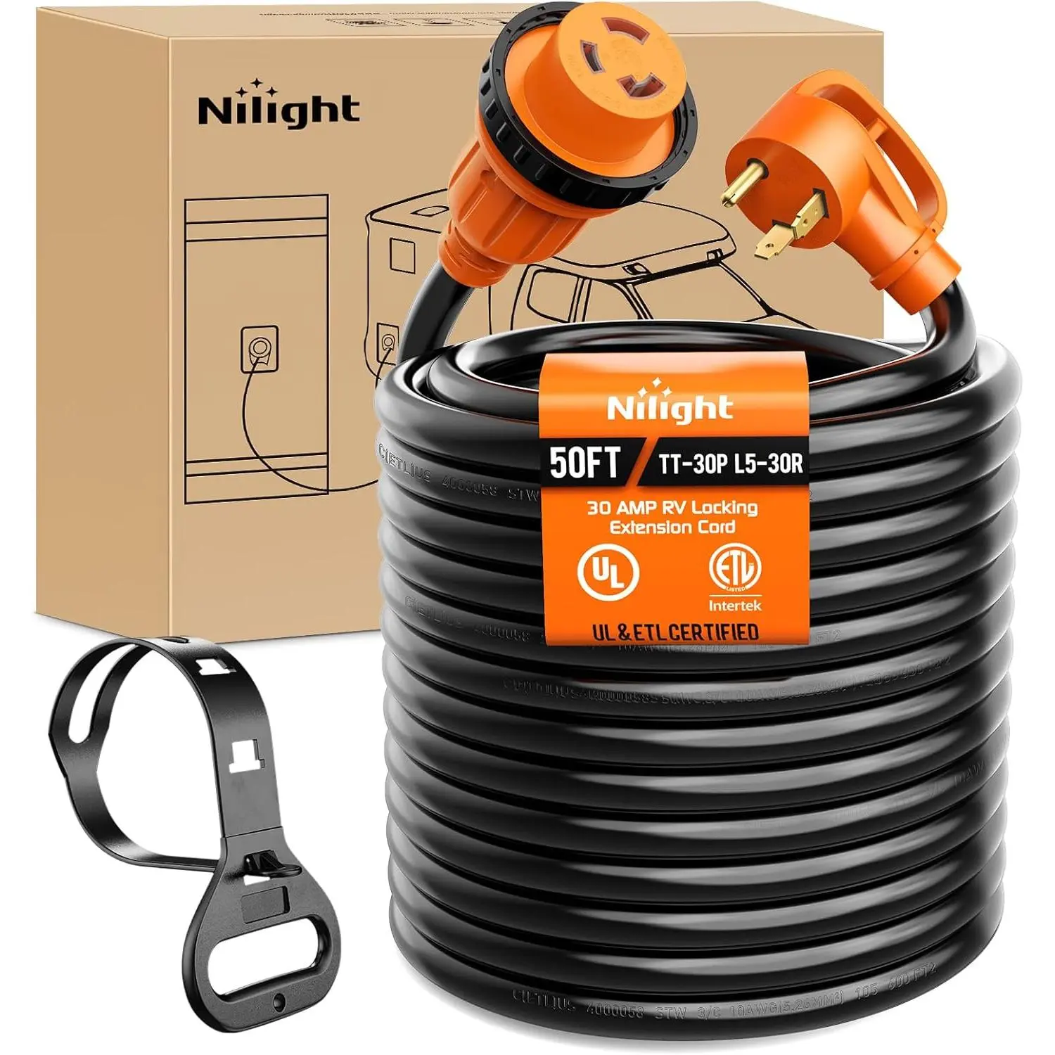 Nilight 30 A Outdoor RV Locking Extension Cable, 50FT 125V Heavy-Duty 10 Gauge Pure Copper STW Wire, ETL Listed 3-Prong TT-30P L5-30R, Weatherproof for Camper Trailer Garage  Summervibes, 30 Amp