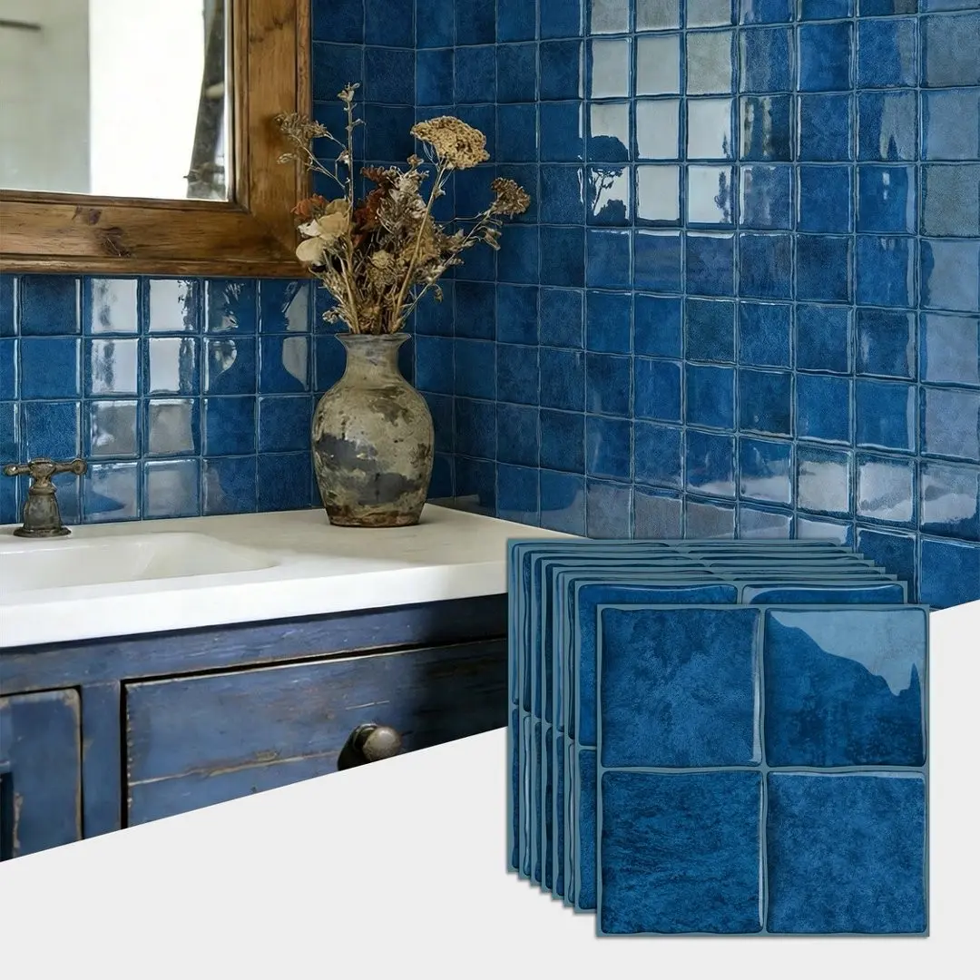 Blue peel and stick subway tile backsplash wall sticker, Backsplash tile stickers, 6 inches x 6 inches - Self adhesive metro tiles for kitchen and bathroom decor, easy to install bathroom backsplash, bathroom wall decor