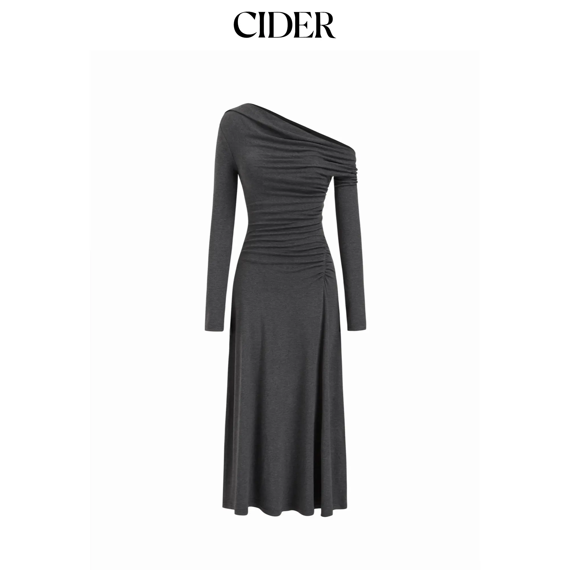 Cider Two-way Asymmetrical Neck Long Sleeve Ruched Maxi Dress