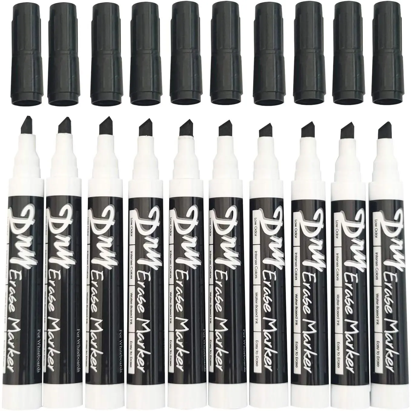 Black Dry Erase Markers, Chisel Tip, Low Odor, 10 Pack | Whiteboard Markers, Dry Erase Pens, Easy Erase for Whiteboards, Glass, Calendars, Office, School, , Quick Dry Ink