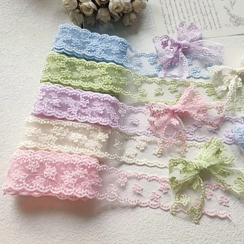 0.91m Handmade Lace Ribbon with Ruffles and Bow, Soft Pastel Colors, Ideal for Wedding Dresses, Gift Wrapping, Hair Accessories, Parties