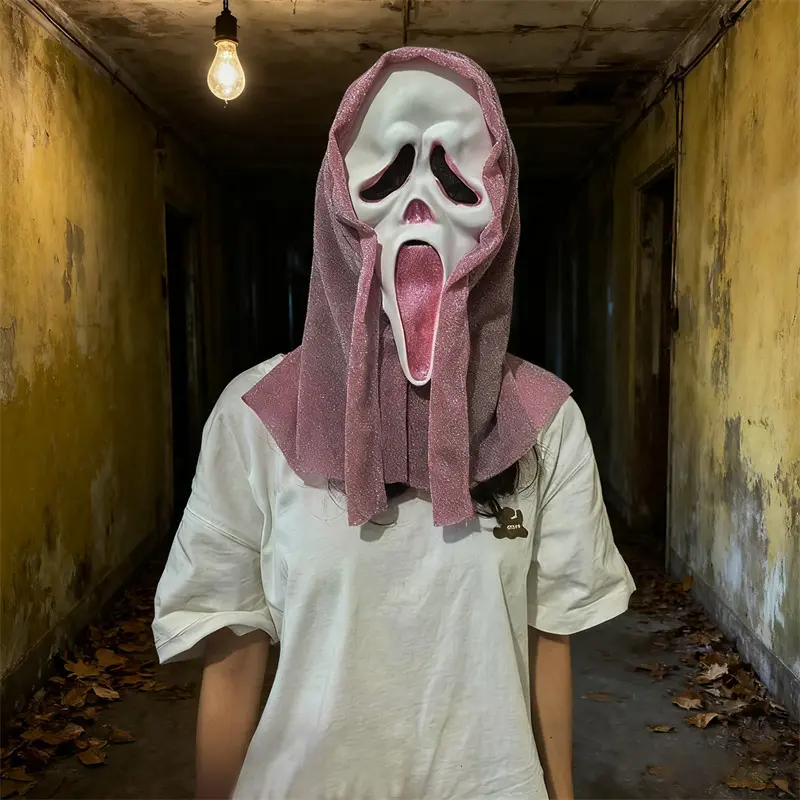 Pink Screaming Ghost Face Mask, Horror Theme Natural Latex Cosplay Prop for Halloween Party, 1 Size Fits Adults, One Size Fits