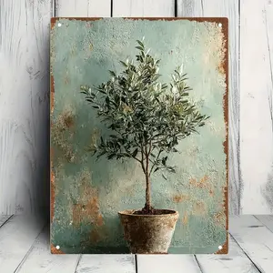 1pc A Potted Olive Tree in Front of an Aged Textured Wall Decor for Home, Restaurant, Bar, for Man Cave, Cafe, And Garage Perfect Lover Gift for Bedroom Decor Tin Sign, Metal Wall Art Decor