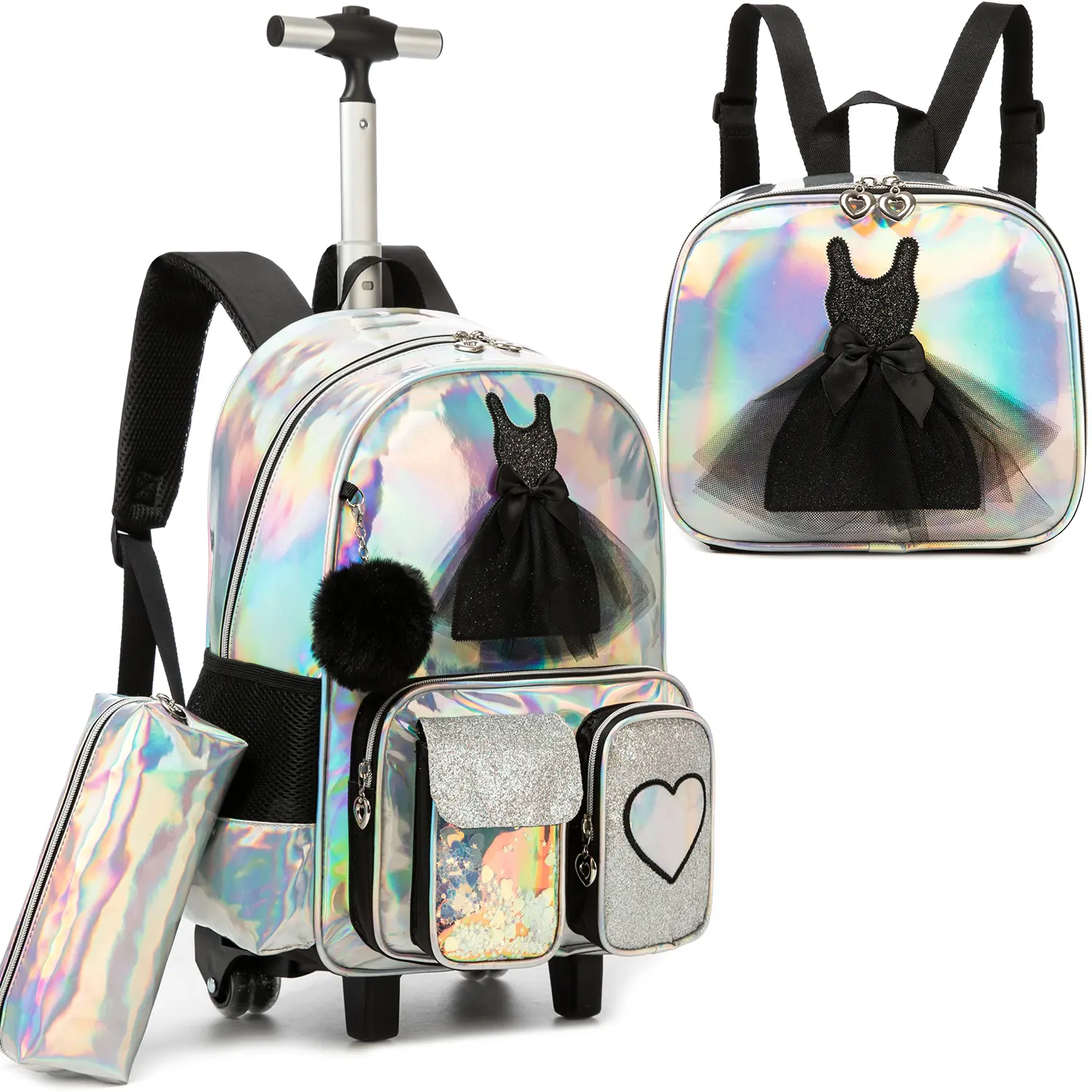 Holographic Laser Rolling Backpack 3pcs Set for Girls | Black Ballet Dress Tutu Wheeled School Bag with Lunch Box & Pencil Case | Glitter Heart Sparkle Trolley Bookbag 2026