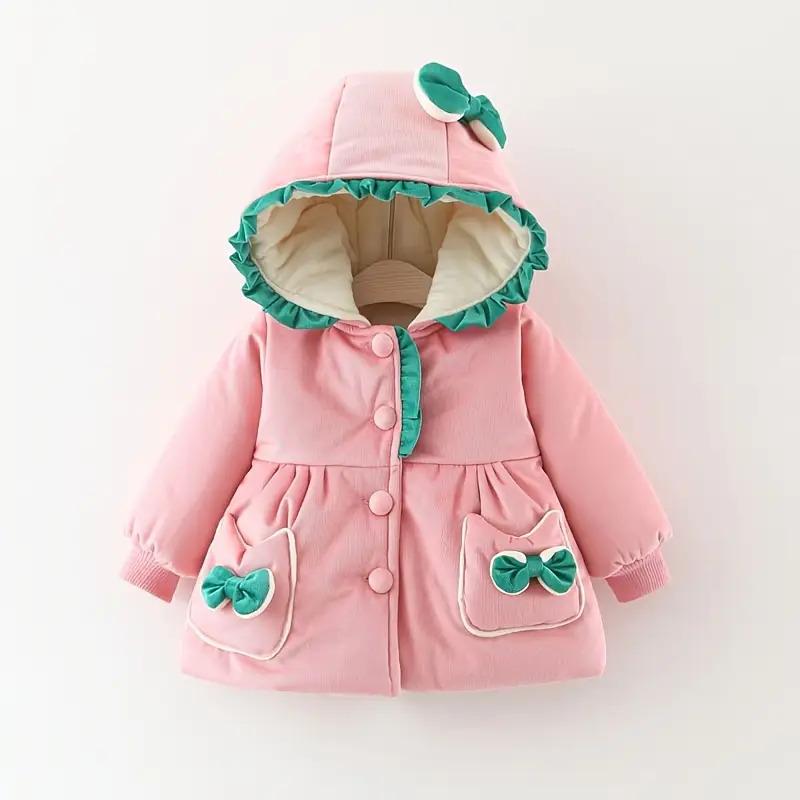 ' Winter Hooded Jacket - Long Sleeve Non-Stretch Coat with Front Bow Accent, Easy Button Closure, Hand Washable Outerwear, (Red/other Solid Color Available) - Perfect Christmas Outfit