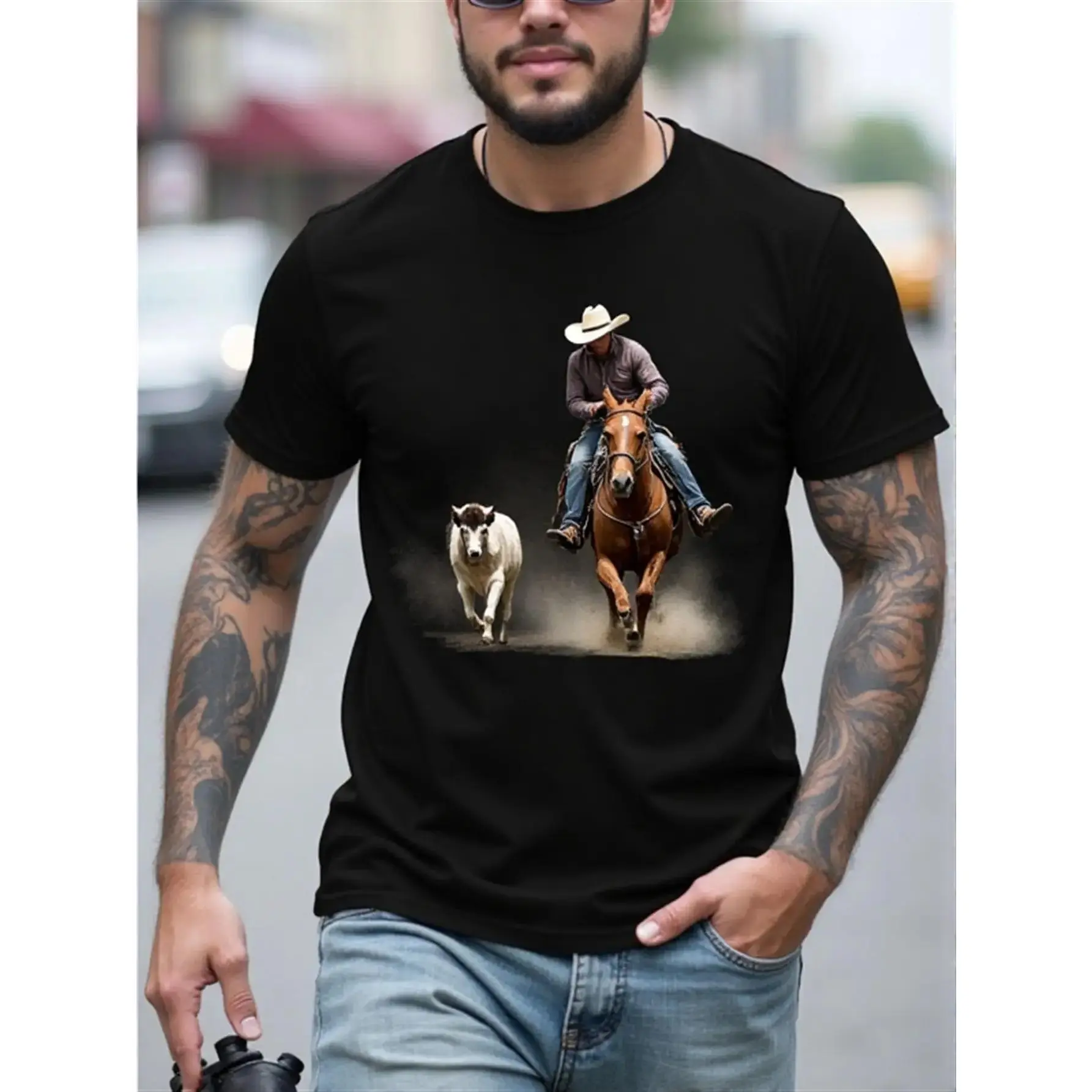 Men'S Western Cowboy Roping Cow Graphic T-Shirt - Black Shirt with Brown Cowboy & Horse Design, Breathable Fabric for Western Events, Ranch Work, Everyday Casual Wear - Durable Cowboy Apparel, Outdoor Activities, Bold Print Tee, Comfortable Fit, Short Sle