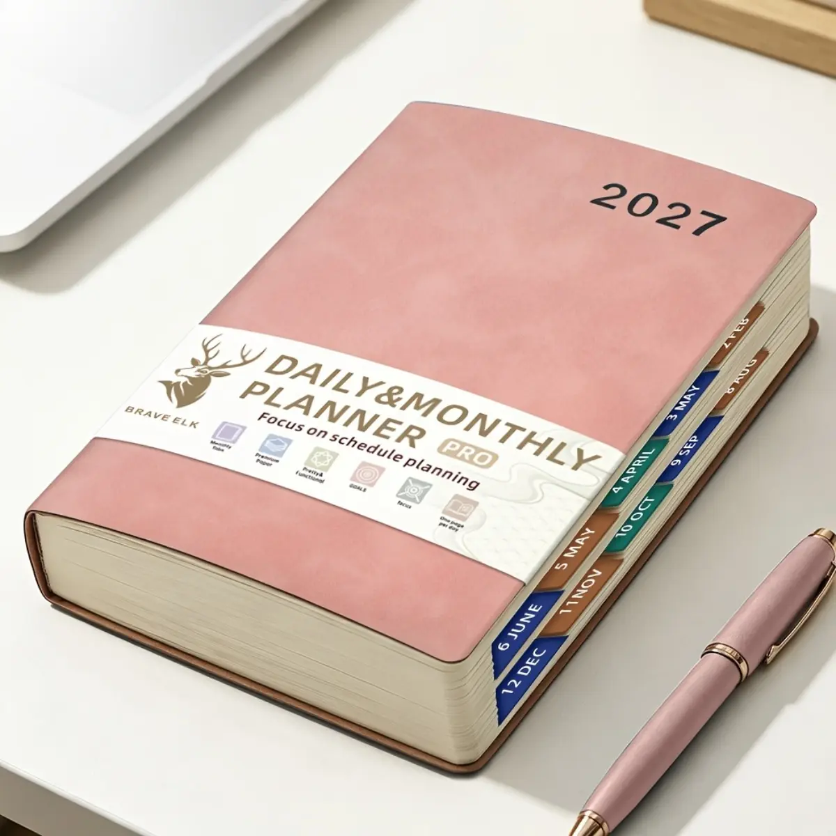 2027 Annual Planner A5 Hardcover 400 Pages Daily Weekly Agenda Notebook with Ribbon Bookmark Color Side Index Soft PU Leather Cover 180 Flat Lay Notebook Time Management Organizer Supplies Desk Office Gift Black