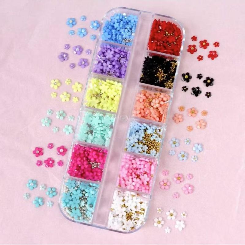 12 Color Flower Shaped Nail Art Decoration, 1 Box DIY Nail Accessories for Nail Art Decoration & DIY Crafts, Nail Decoration Kit for Women & Girls