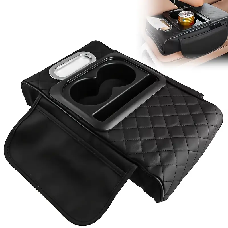 Car Center Console Armrest Storage Box, Center Console Organizer, Quilted Faux Leather Thick Sponge Cushion Cover With Cup & Tissue Slot, Tidy Car Interior For Auto Modification Road Travel Accessory