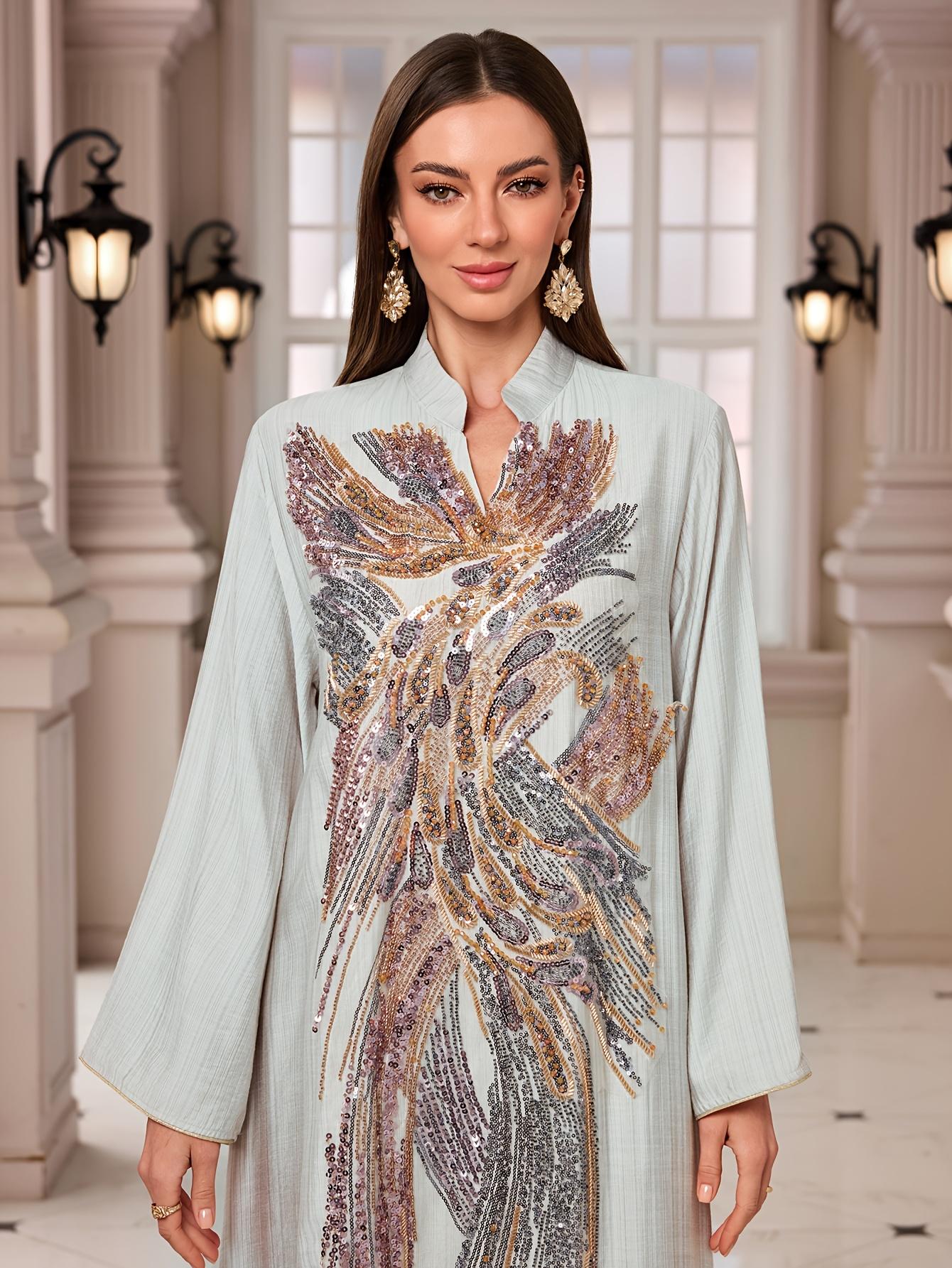 Ramadan Middle East Muslim New Style Robe with Beaded Sequin Embellishments from Chest to Hem, Heavy Print Dress for Daily Gatherings and Festivals