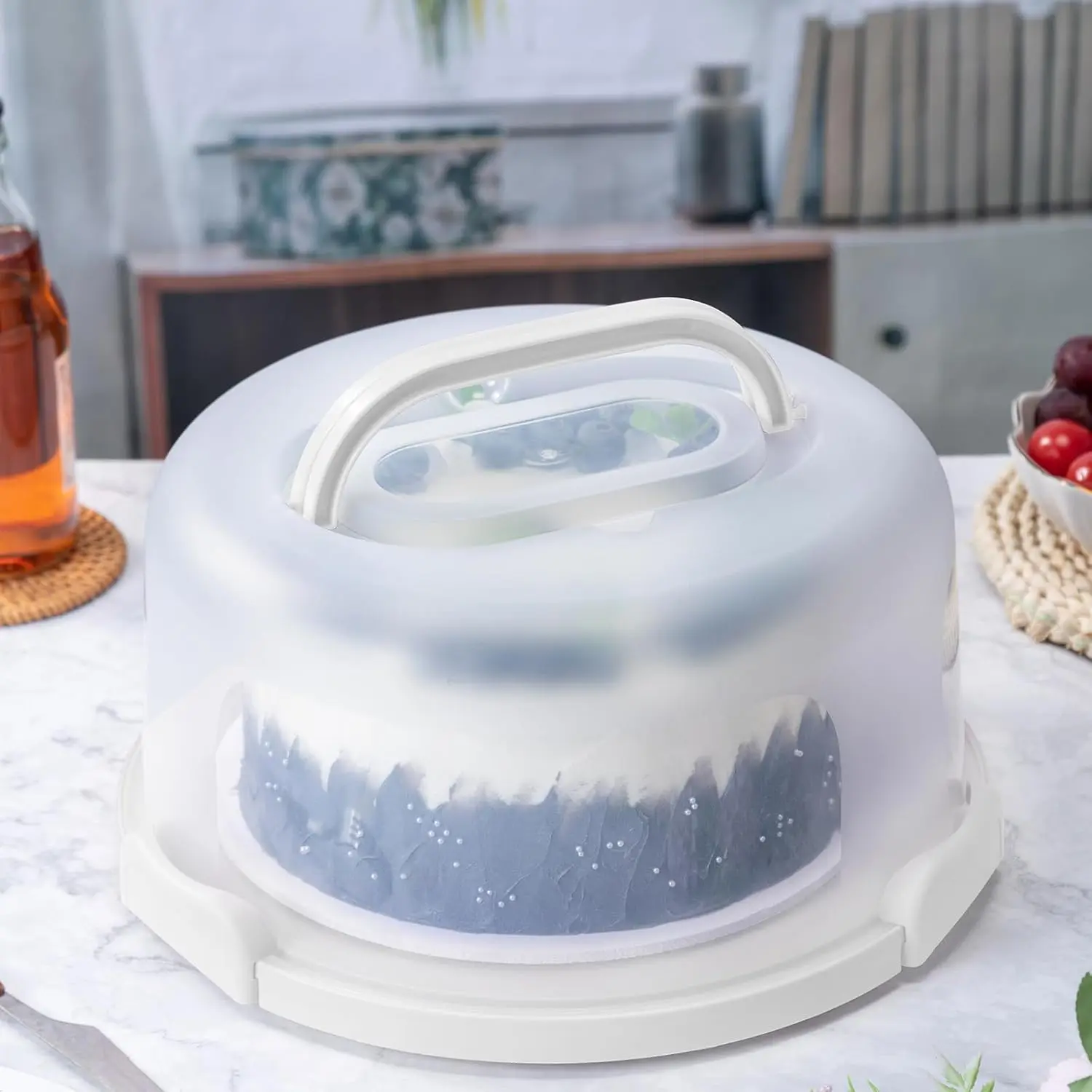 10in Plastic Cake Carrier with Handle, Round Cake Holder with Lid Pink Cake Container for 6in/8in/10in Cake White