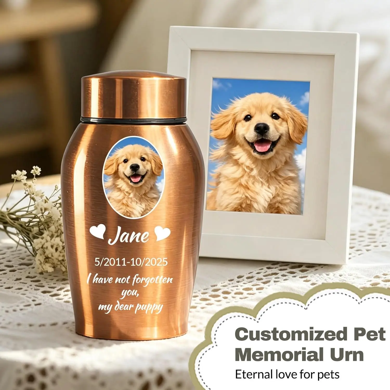 Personalized Pet  for Ashes - Custom Pet Photo Name Date for Cremation, Customized Pet Memorial Urn for Dog Cat (Blue)
