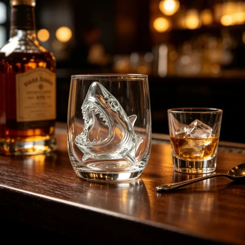 Novelty Shark Whiskey Glass, 3D Shark Embedded Clear Cocktail Tumbler, Cool Bar Drinking Cup Gift, Unique Party Drinkware